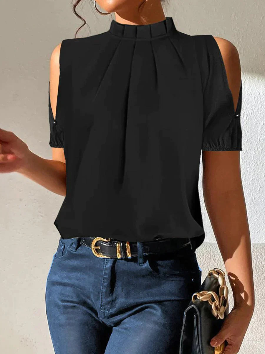 NADIA - BLACK PLEATED TOP WITH SPLIT SLEEVES