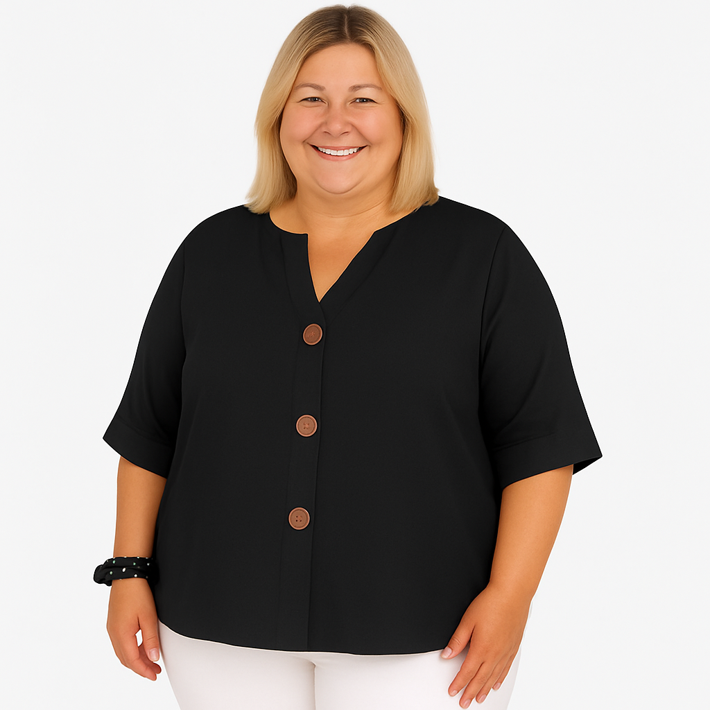 Noelle | arms friendly statement button top