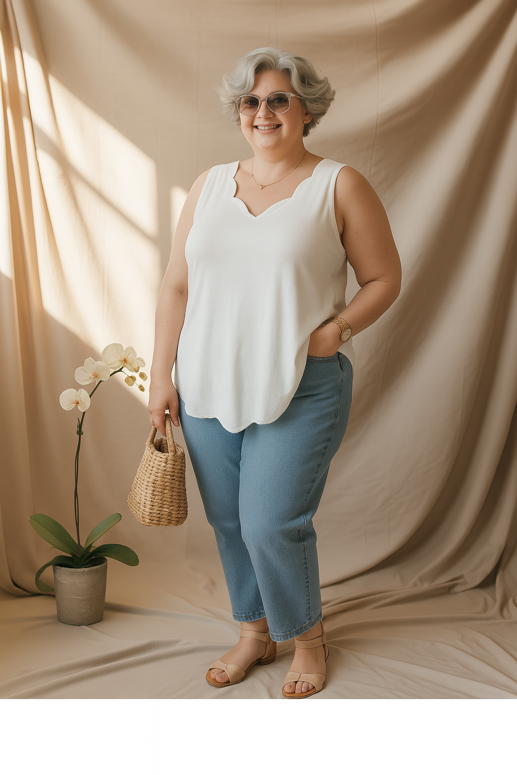 Wendy | White Plus Size Scalloped Neck Tank Top