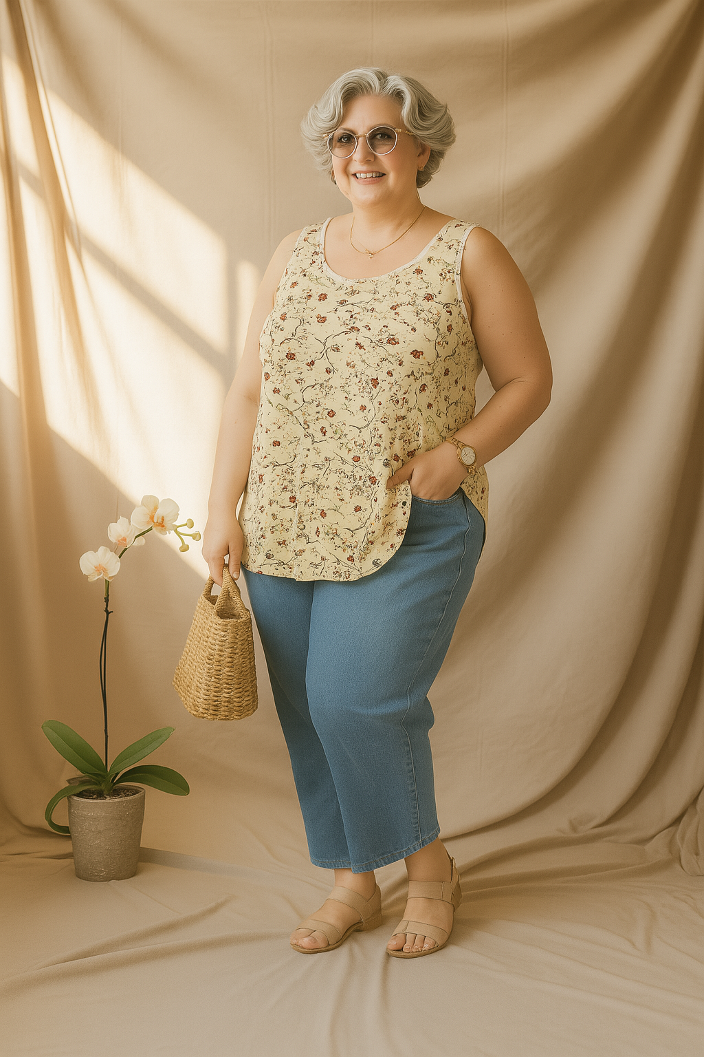 Venice | Yellow Floral Print Plus Size Tank Top