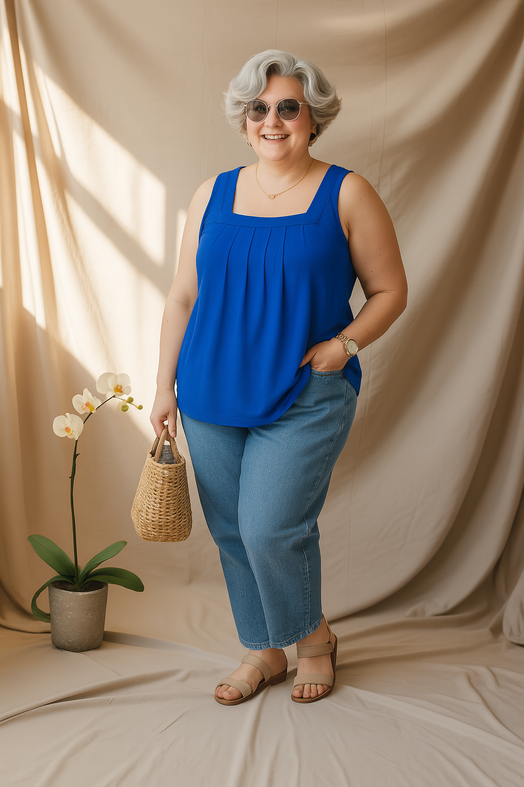 Eloise | Blue Pleated Square-Neck Plus Size Tank Top
