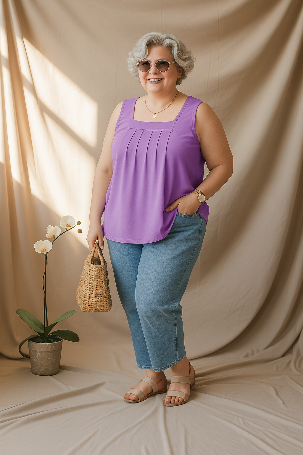 Gracia | Purple Pleated Square-Neck Plus Size Tank Top