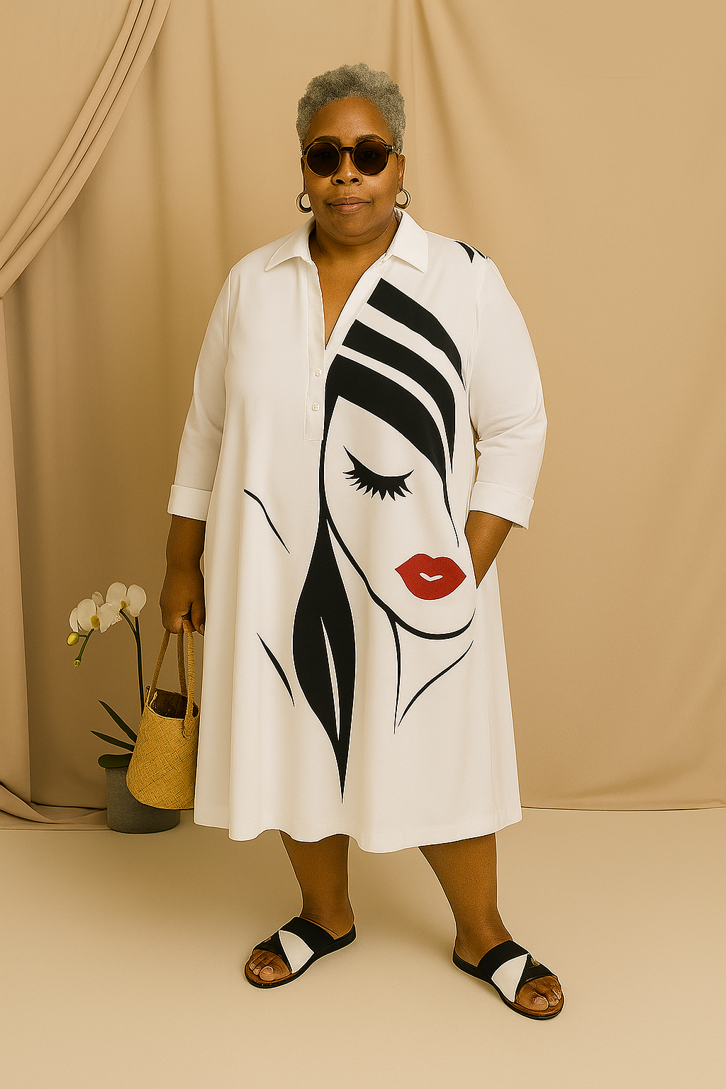 Averie | Tummy-Friendly Face Print Shirt Dress