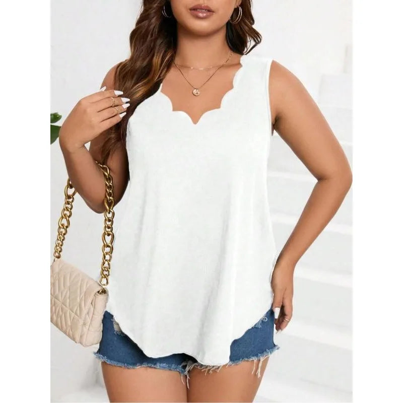 Wendy | White Plus Size Scalloped Neck Tank Top