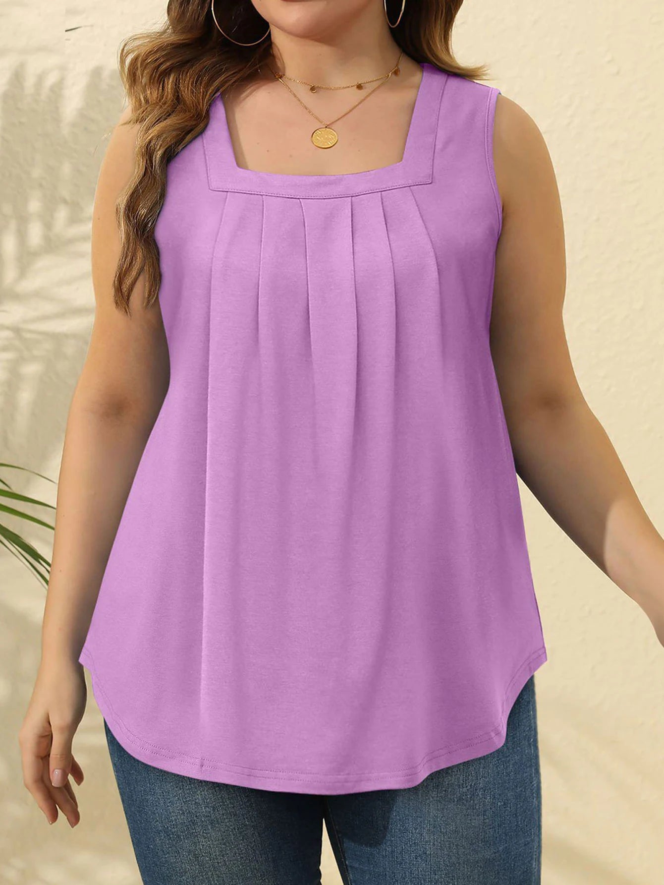 Gracia | Purple Pleated Square-Neck Plus Size Tank Top