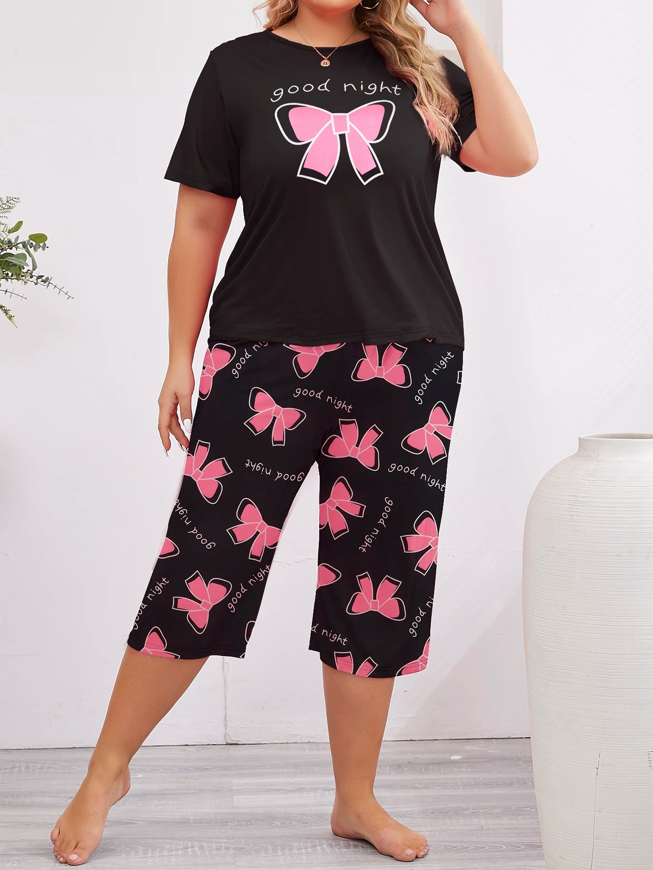 Pauline | Chic Bow Print Plus Size Sleepwear Set
