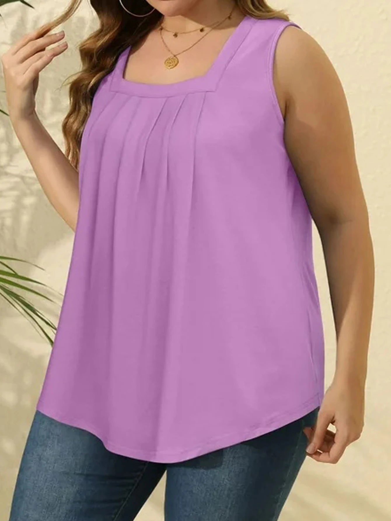 Gracia | Purple Pleated Square-Neck Plus Size Tank Top