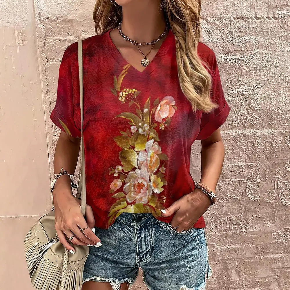 Rowan | Crimson Bloom V-Neck Summer Top