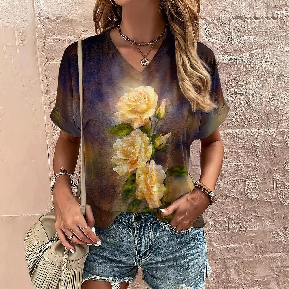 Cali | Midnight Bloom V-Neck Summer Top