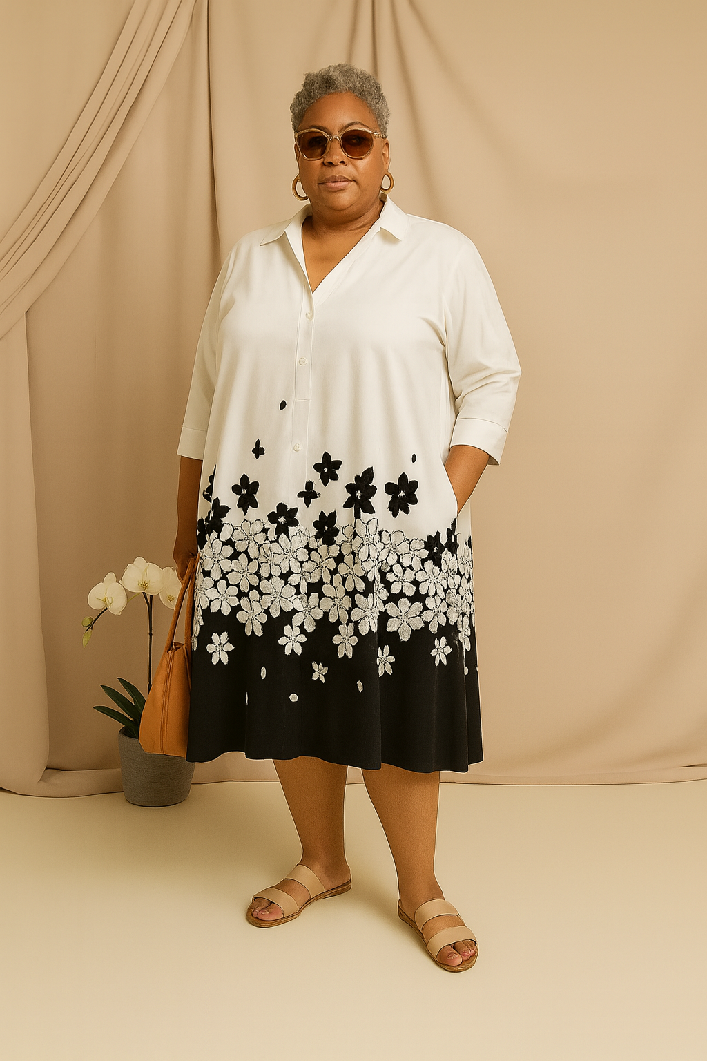 Kristel | Tummy-Friendly Black & White Shirt Dress