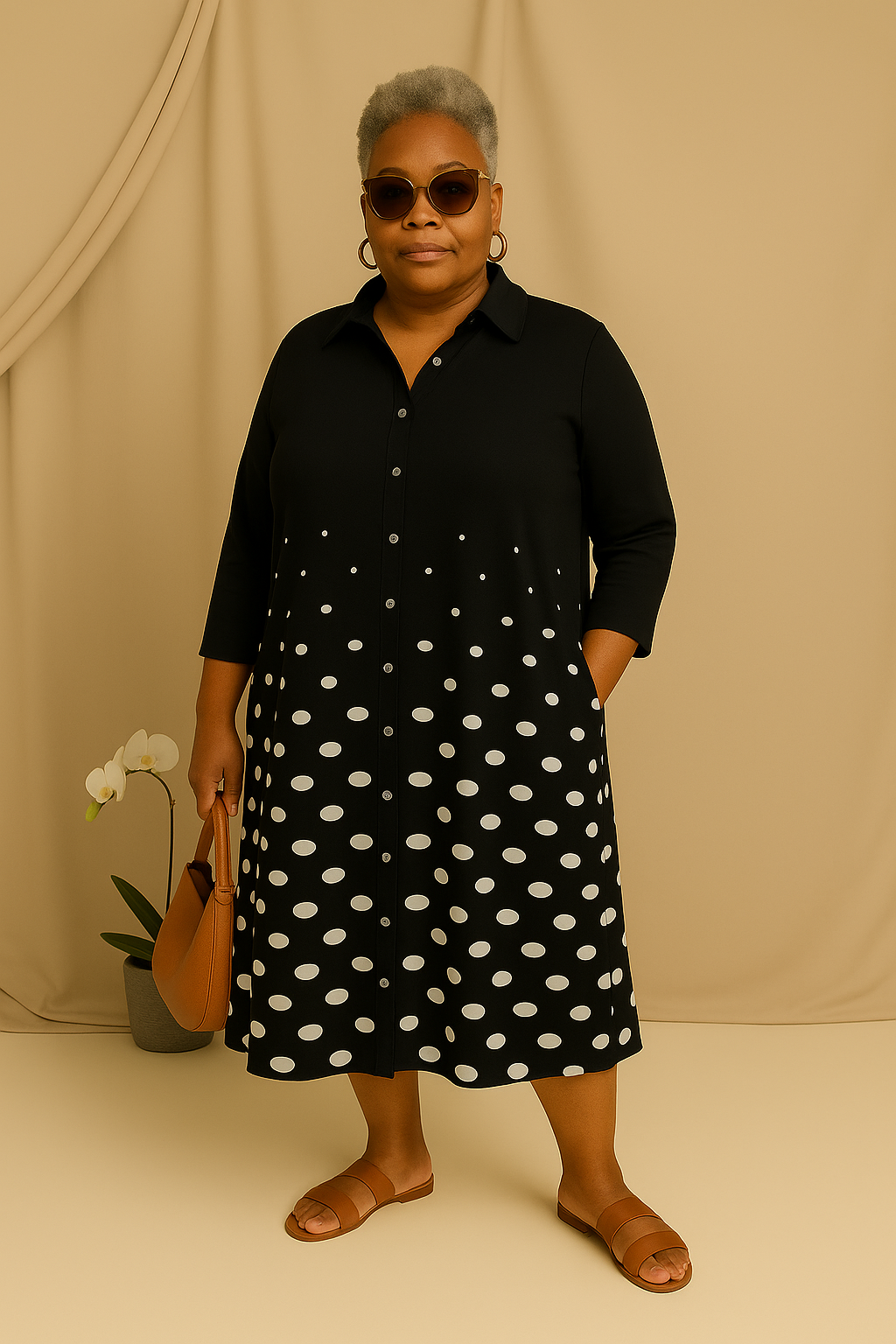 Monra | Tummy-Friendly Black Polka Dot Shirt Dress