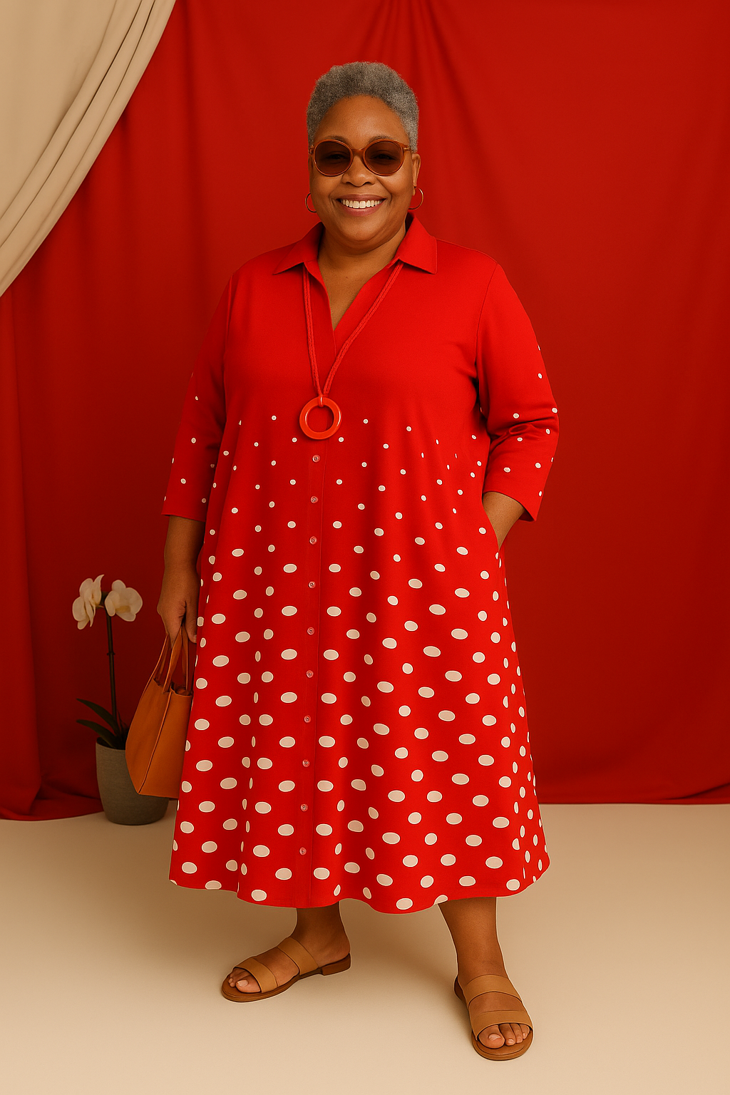 Adelia - Tummy-Friendly Red Polka Dot Shirt Dress