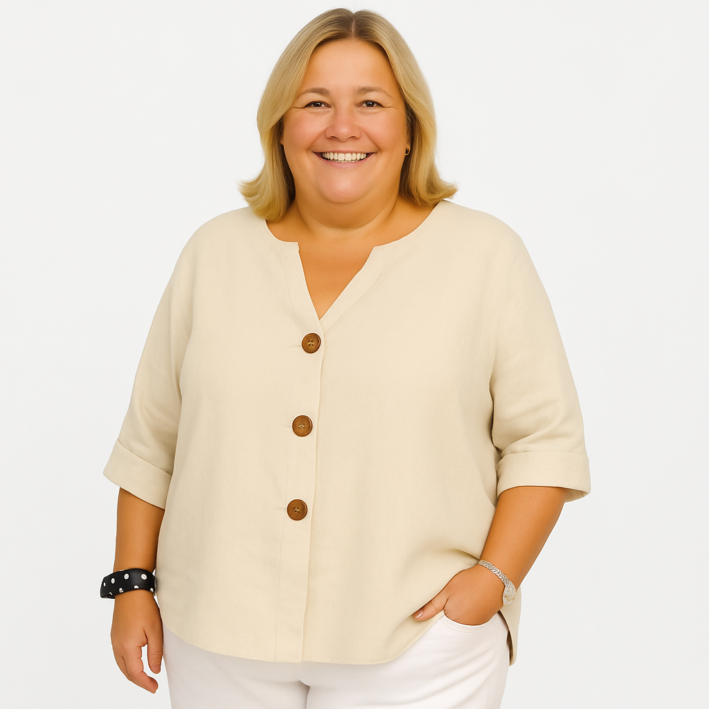 Noelle | arms friendly statement button top