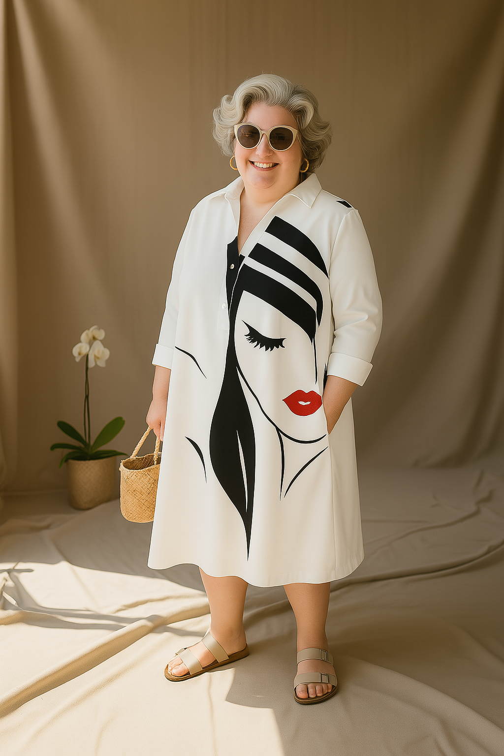 Averie | Tummy-Friendly Face Print Shirt Dress