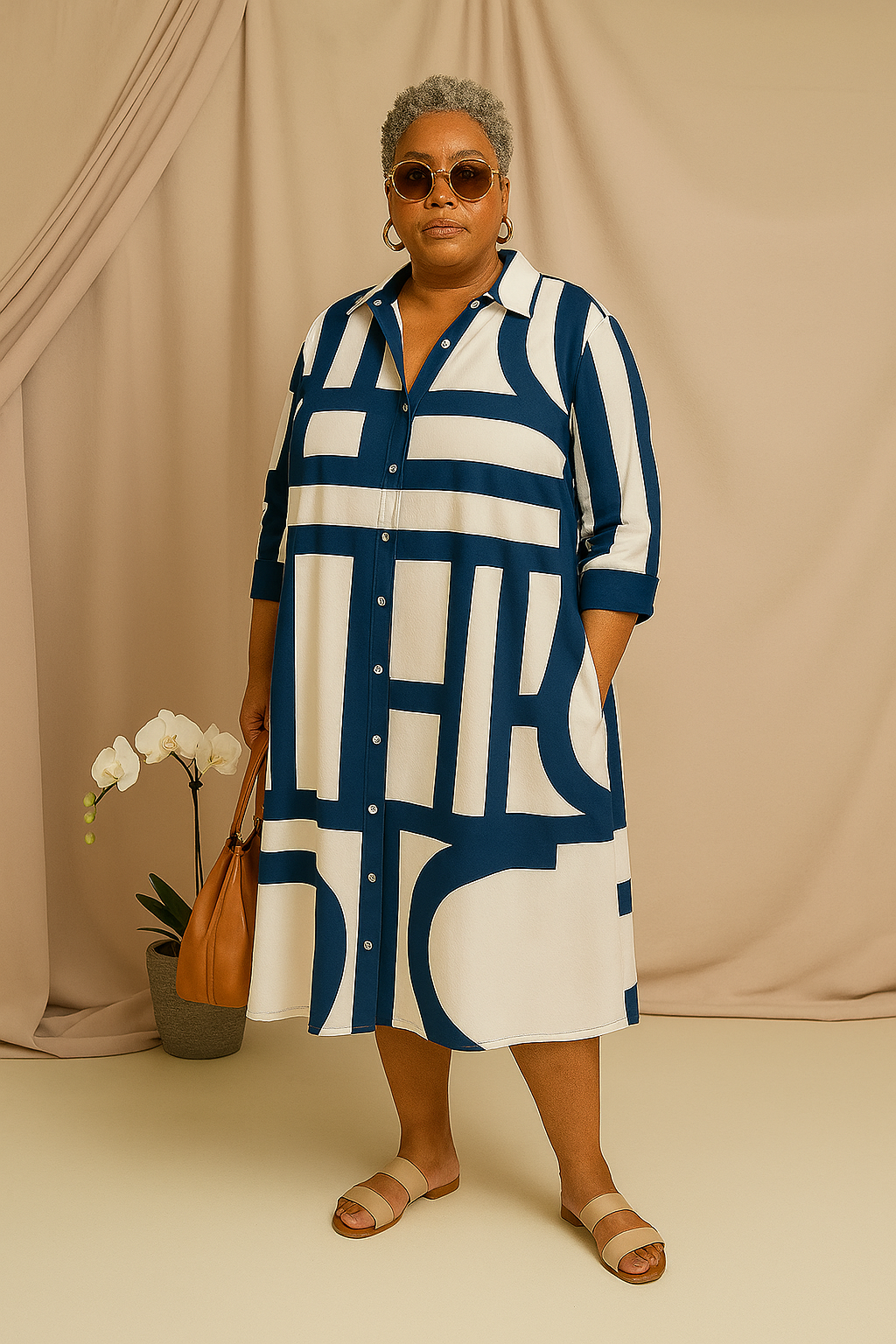 Sarah | Tummy-Friendly Navy Geometric Shirt Dress