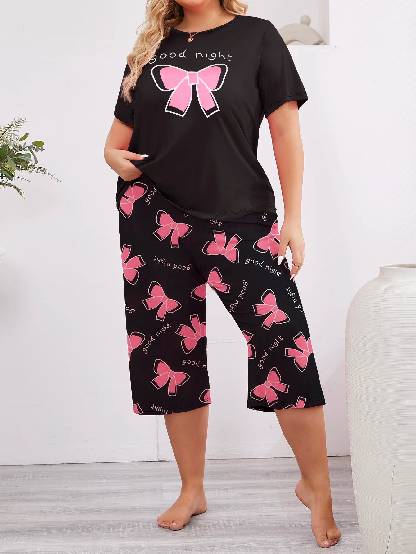 Pauline | Chic Bow Print Plus Size Sleepwear Set