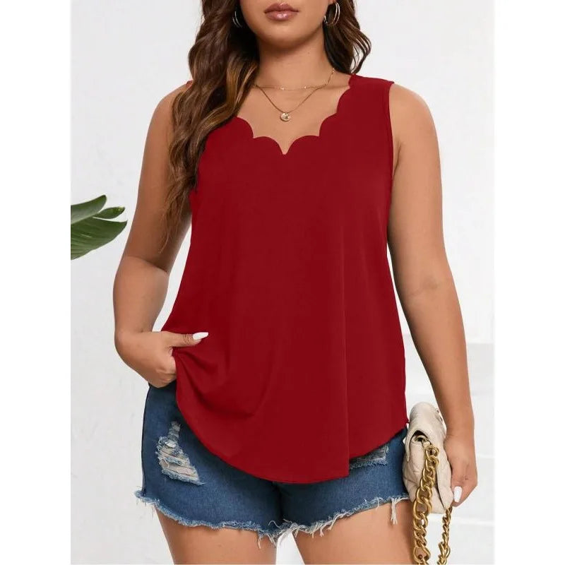Jove |  Wine Red Plus Size Scalloped Neck Tank Top