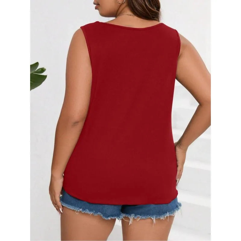 Jove |  Wine Red Plus Size Scalloped Neck Tank Top