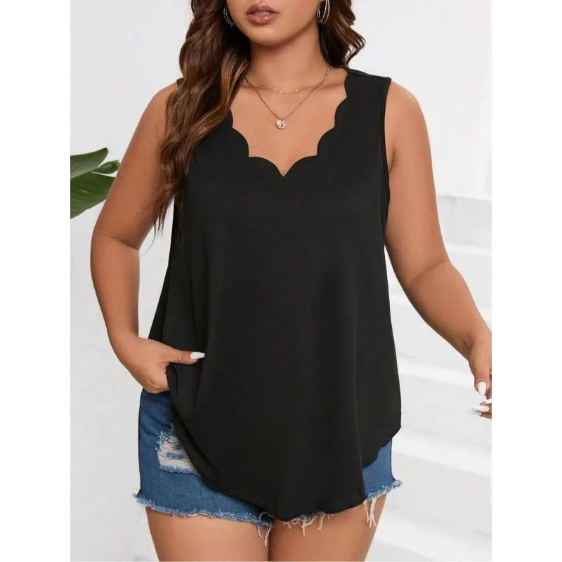 Jena | Black Plus Size Scalloped Neck Tank Top
