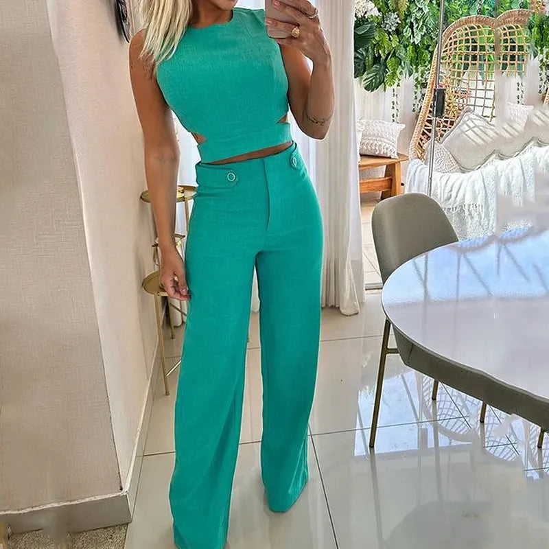 BIANCA - CHIC CROPPED TOP HIGH WAIST LONG PANTS SUITS