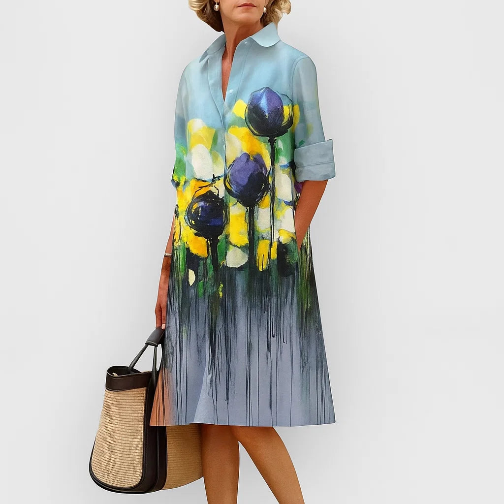Solea | Watercolor Floral Print Midi Shirt Dress