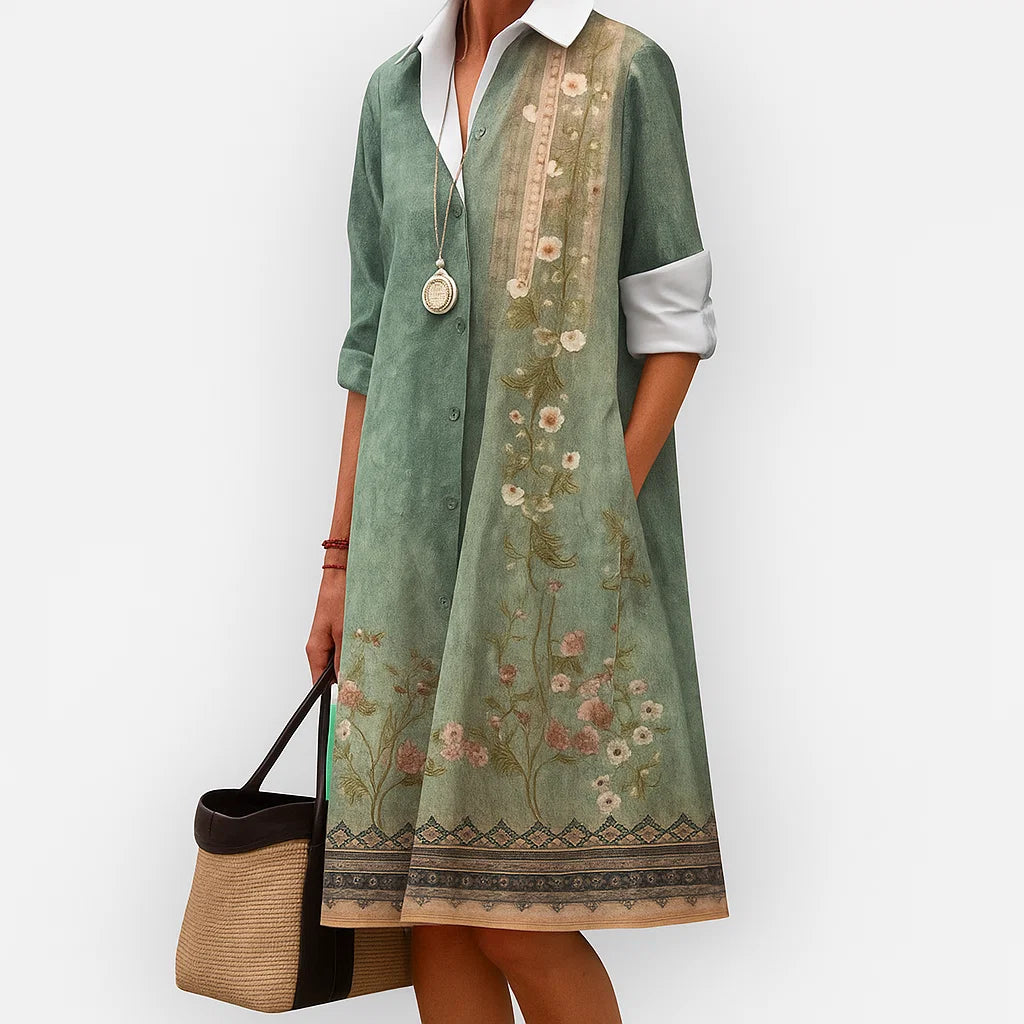 Lunara | Vintage Floral Print Midi Shirt Dress
