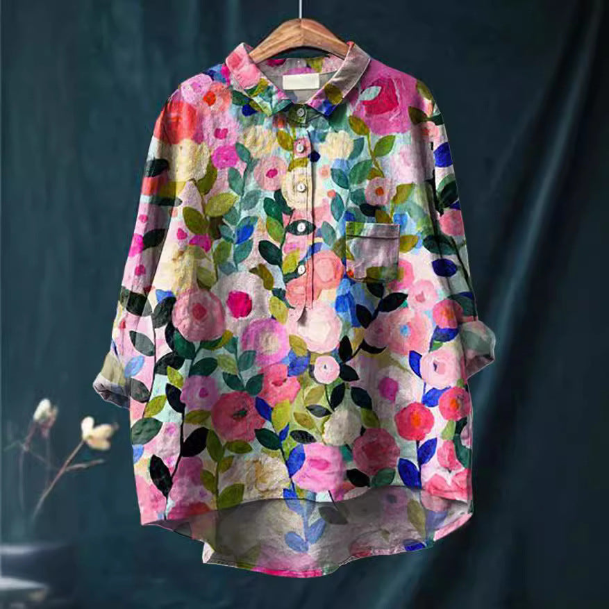 ROSA - COTTON-LINEN BLOUSE WITH FLORAL PRINT