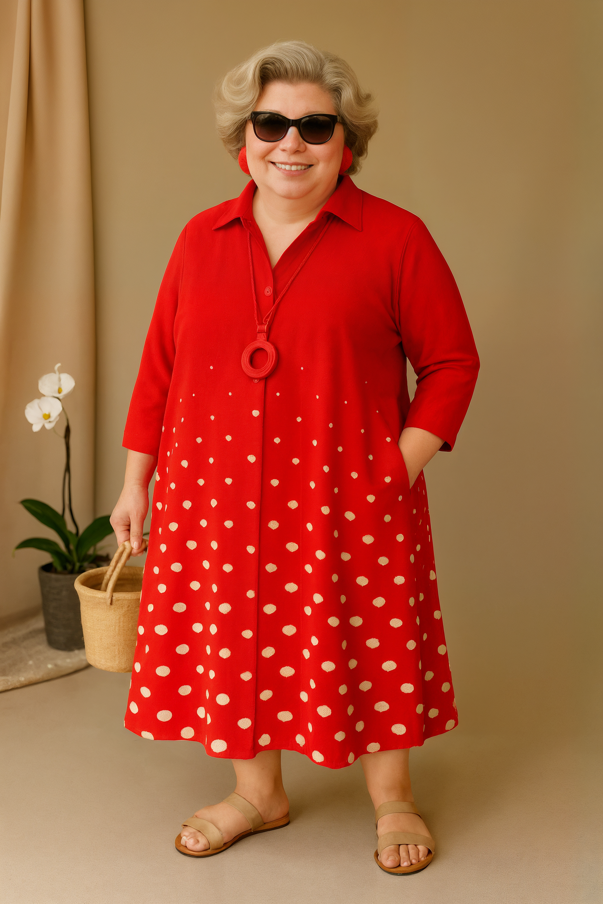 Adelia | Tummy-Friendly Red Polka Dot Shirt Dress